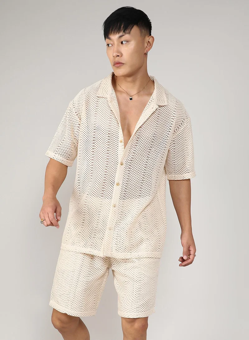 كامبوس سوترا Men's Ivory White Crochet Co-Ord Set For Casual Wear | Spread Collar | Short Sleeve | Button Closure | Co-Ords Crafted With Comfort Fit For Everyday Wear